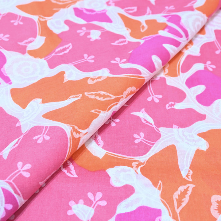 White Cotton Fabric with Pink Floral Print