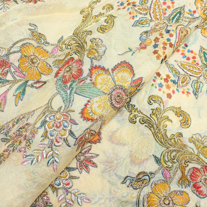 Viscose Organza Position Print with Zari & Kantha Embroidery
