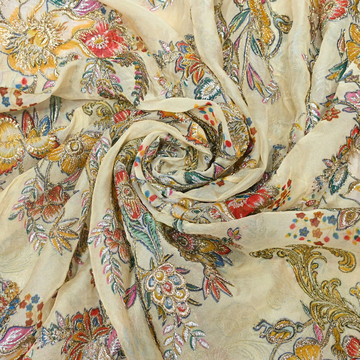 Viscose Organza Position Print with Zari & Kantha Embroidery
