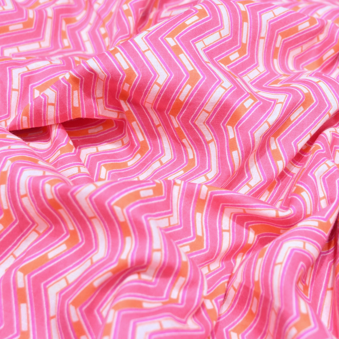 Pink Cotton Fabric with Zigzag Print