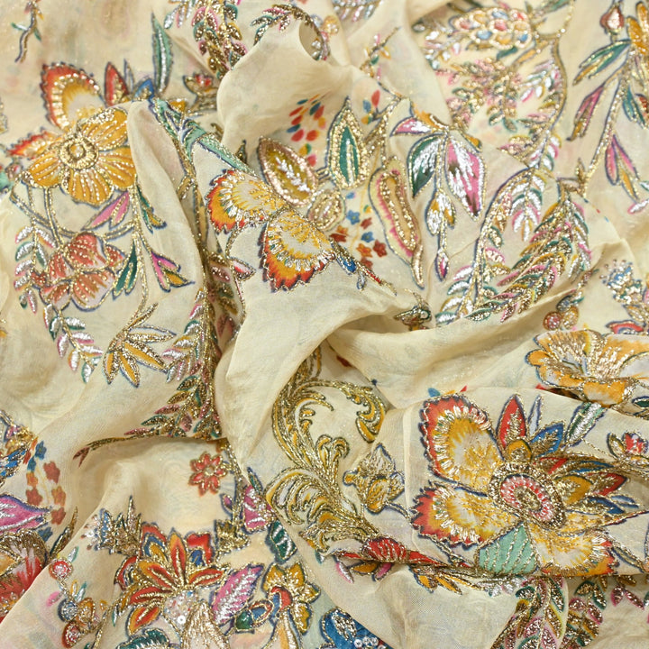 Viscose Organza Position Print with Zari & Kantha Embroidery