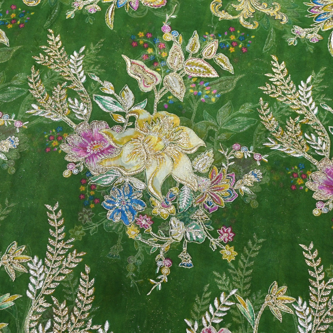 Viscose Organza Position Print with Zari & Kantha Embroidery