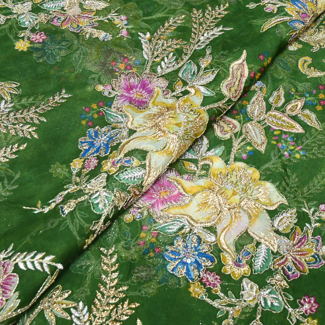 Viscose Organza Position Print with Zari & Kantha Embroidery