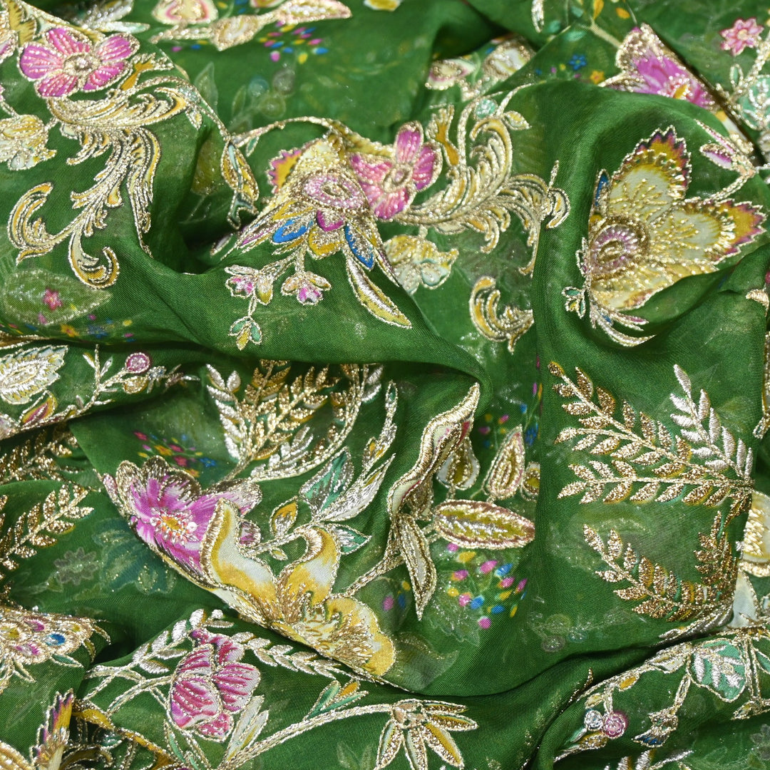 Viscose Organza Position Print with Zari & Kantha Embroidery