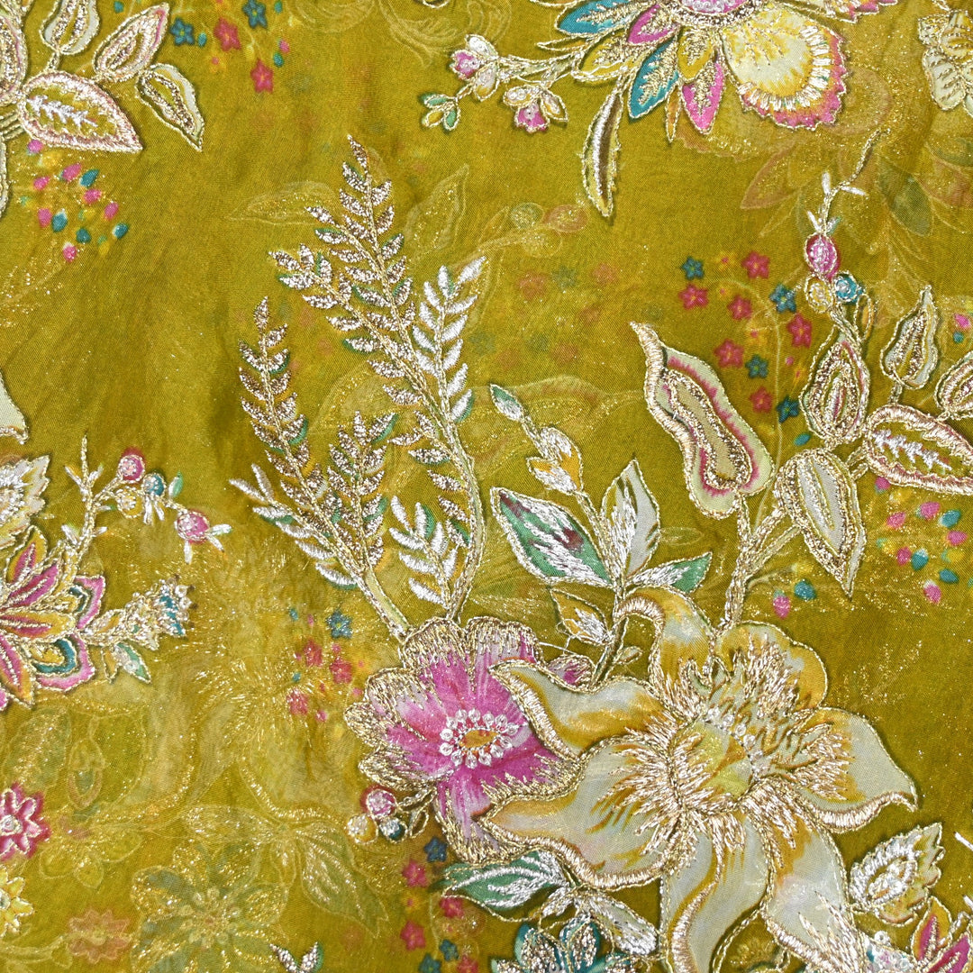 Viscose Organza Position Print with Zari & Kantha Embroidery