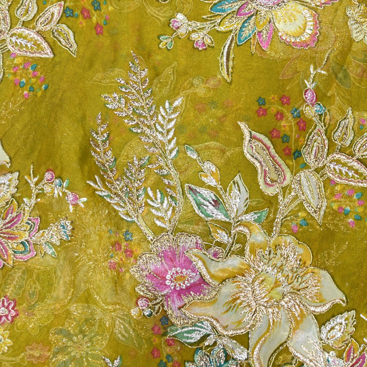 Viscose Organza Position Print with Zari & Kantha Embroidery