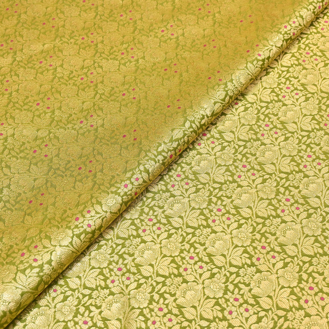 Premium Katan Silk Meena Brocade Fabric | Gold Zari Floral Brocade | OEW325-13