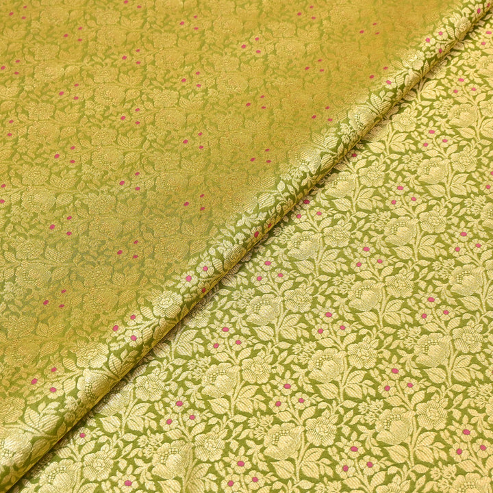 Premium Katan Silk Meena Brocade Fabric | Gold Zari Floral Brocade | OEW325-13