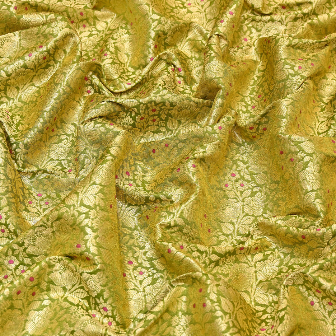 Premium Katan Silk Meena Brocade Fabric | Gold Zari Floral Brocade | OEW325-13
