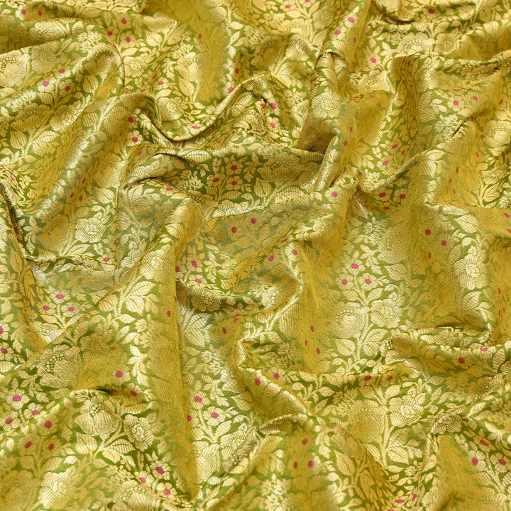 Premium Katan Silk Meena Brocade Fabric | Gold Zari Floral Brocade | OEW325-13