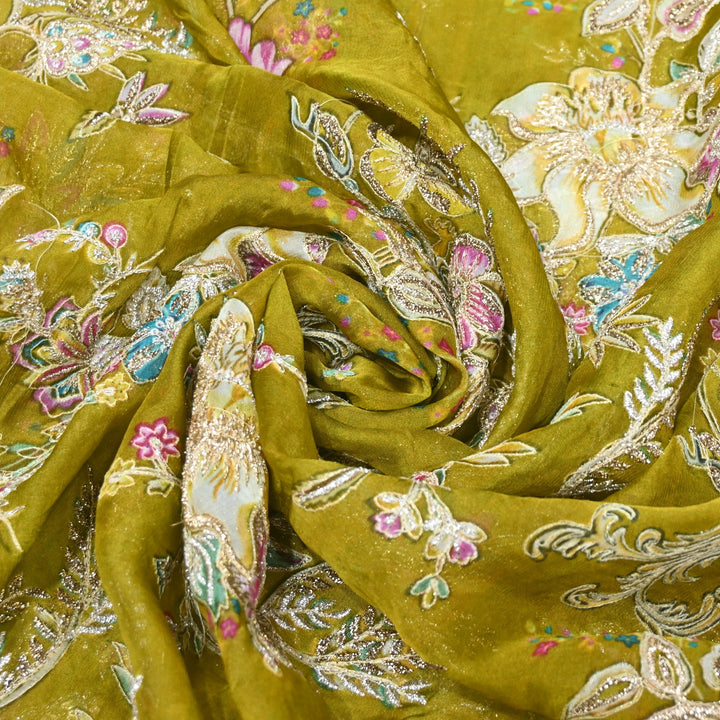 Viscose Organza Position Print with Zari & Kantha Embroidery