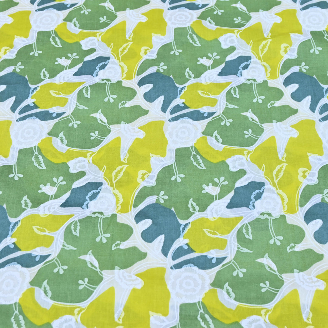 White Cotton Fabric with Green Floral Print
