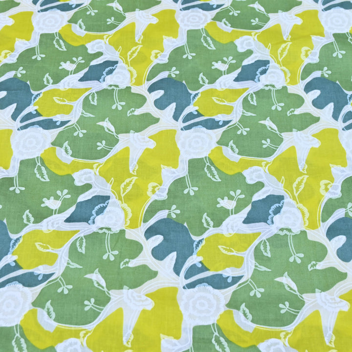 White Cotton Fabric with Green Floral Print