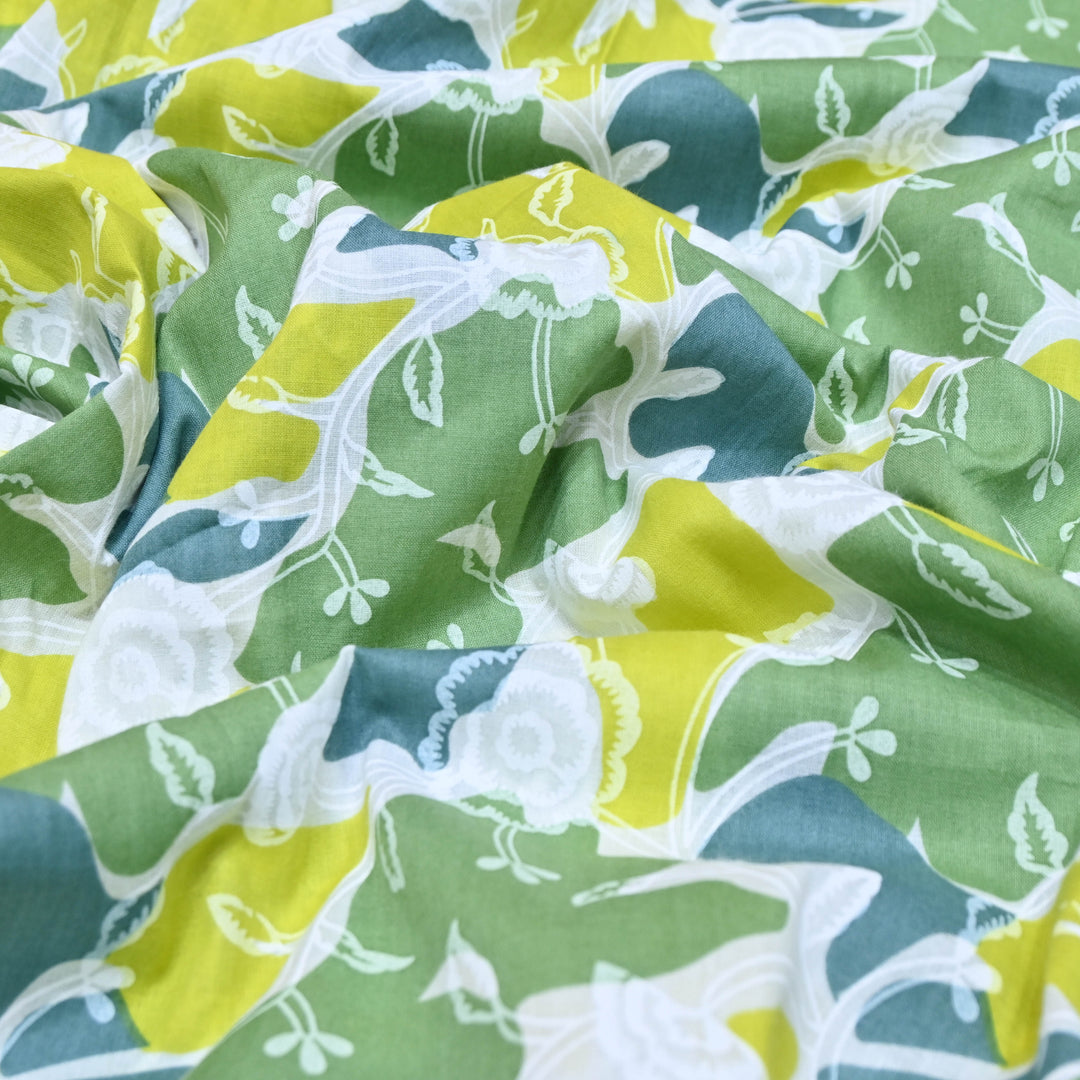 White Cotton Fabric with Green Floral Print