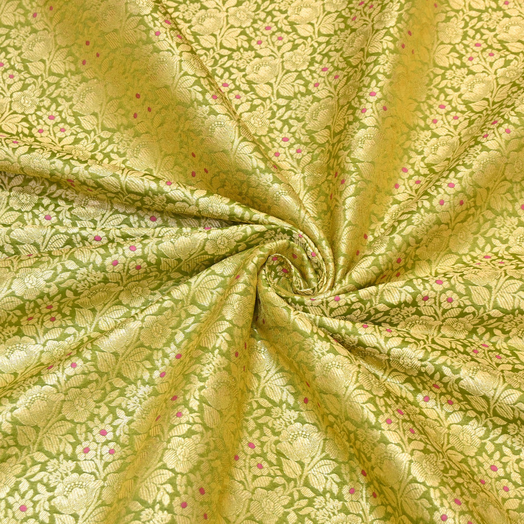 Premium Katan Silk Meena Brocade Fabric | Gold Zari Floral Brocade | OEW325-13