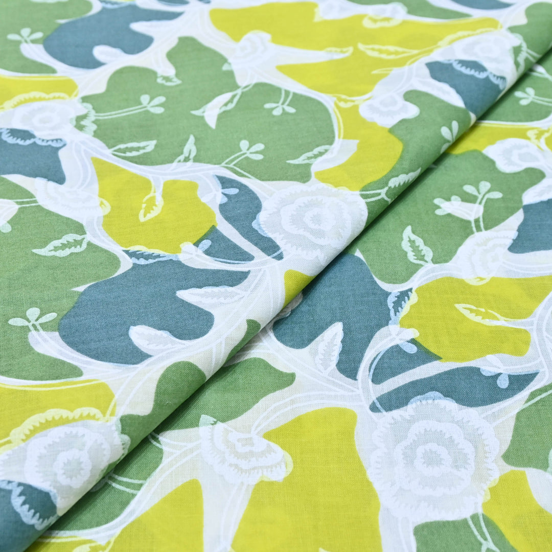 White Cotton Fabric with Green Floral Print