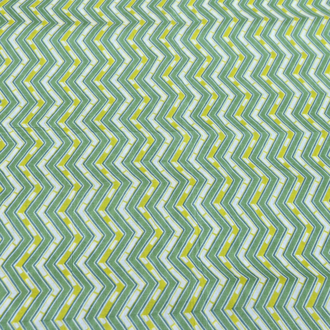 Green Cotton Fabric with Zigzag Print