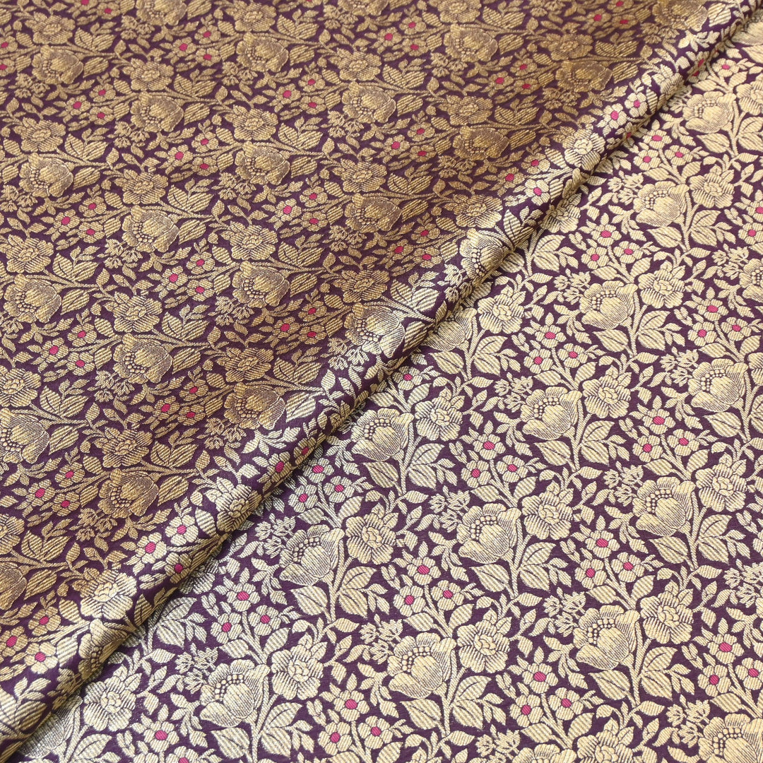 Premium Katan Silk Meena Brocade Fabric | Gold Zari Floral Brocade | OEW325-14