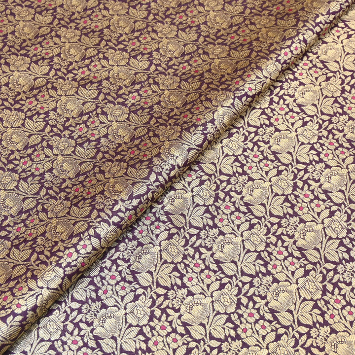 Premium Katan Silk Meena Brocade Fabric | Gold Zari Floral Brocade | OEW325-14