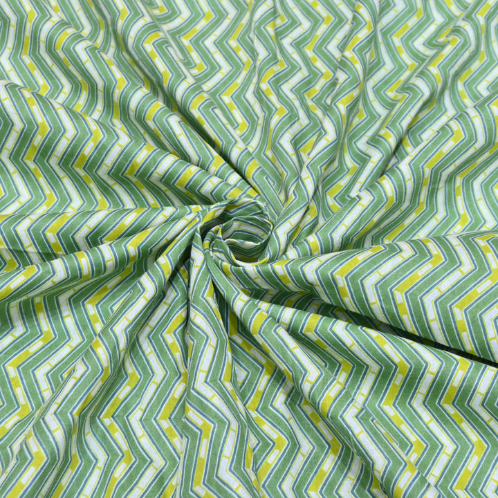Green Cotton Fabric with Zigzag Print