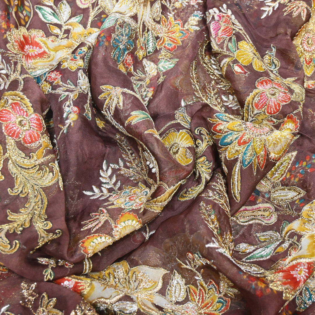 Viscose Organza Position Print with Zari & Kantha Embroidery