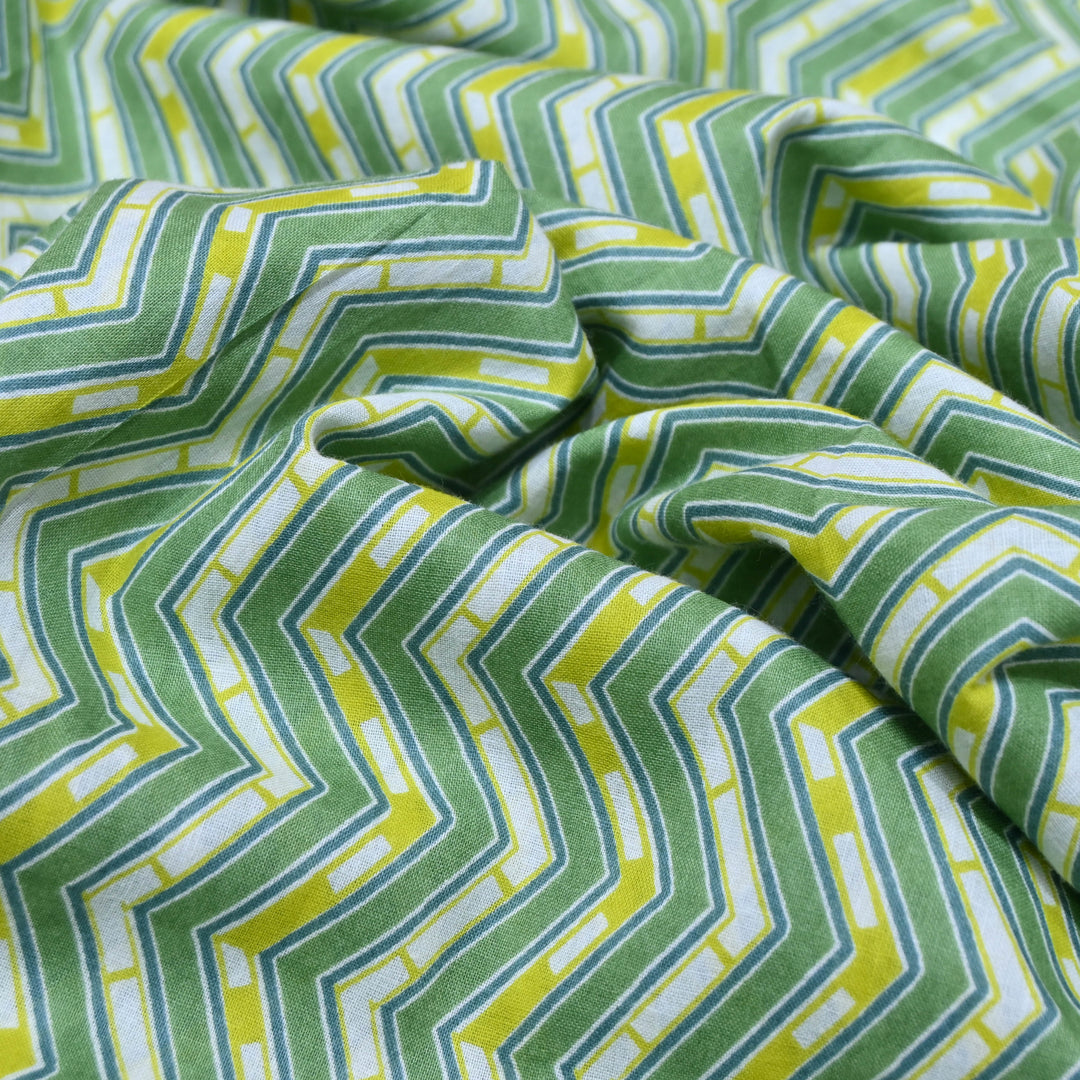 Green Cotton Fabric with Zigzag Print