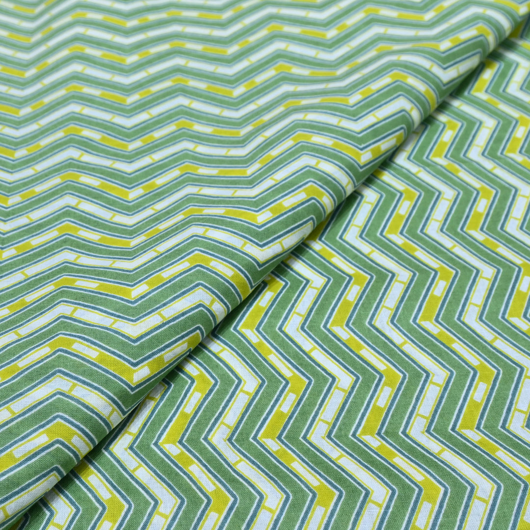 Green Cotton Fabric with Zigzag Print