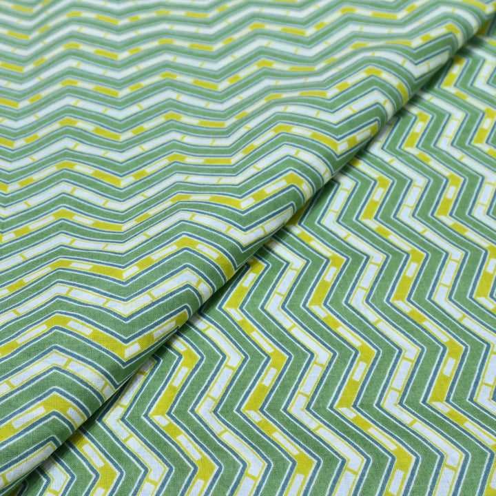 Green Cotton Fabric with Zigzag Print