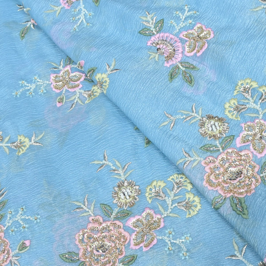 Crush Organza Zari With Moti Sequins Embroidery Fabrics