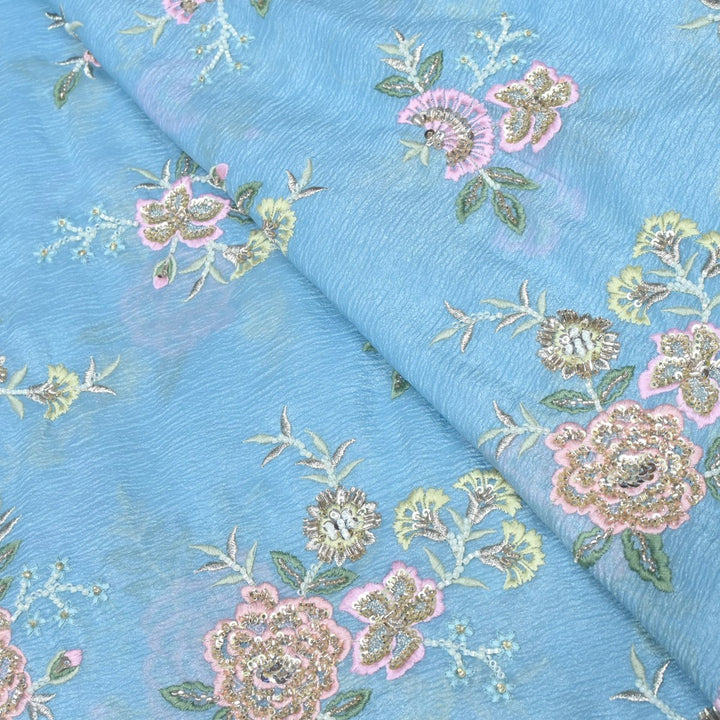 Crush Organza Zari With Moti Sequins Embroidery Fabrics