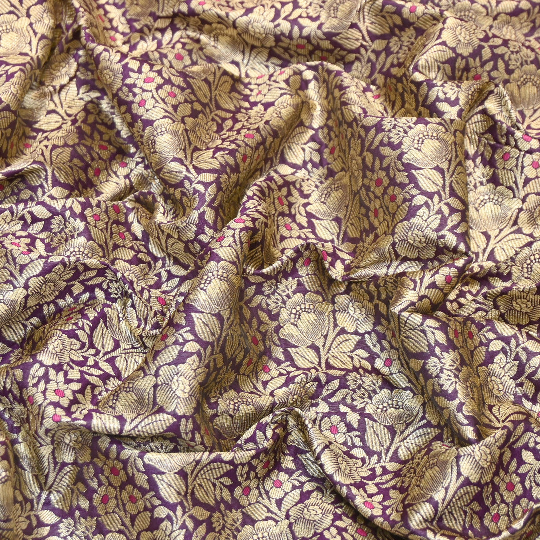 Premium Katan Silk Meena Brocade Fabric | Gold Zari Floral Brocade | OEW325-14