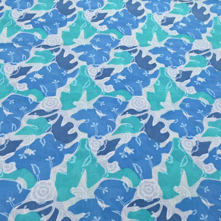 White Cotton Fabric with Blue Floral Print
