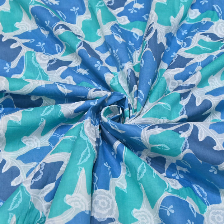 White Cotton Fabric with Blue Floral Print