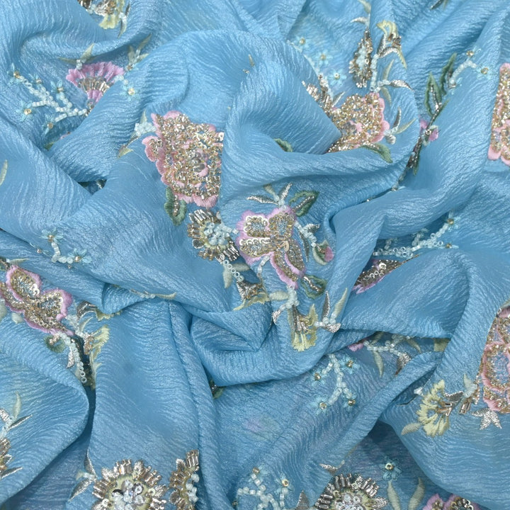 Crush Organza Zari With Moti Sequins Embroidery Fabrics