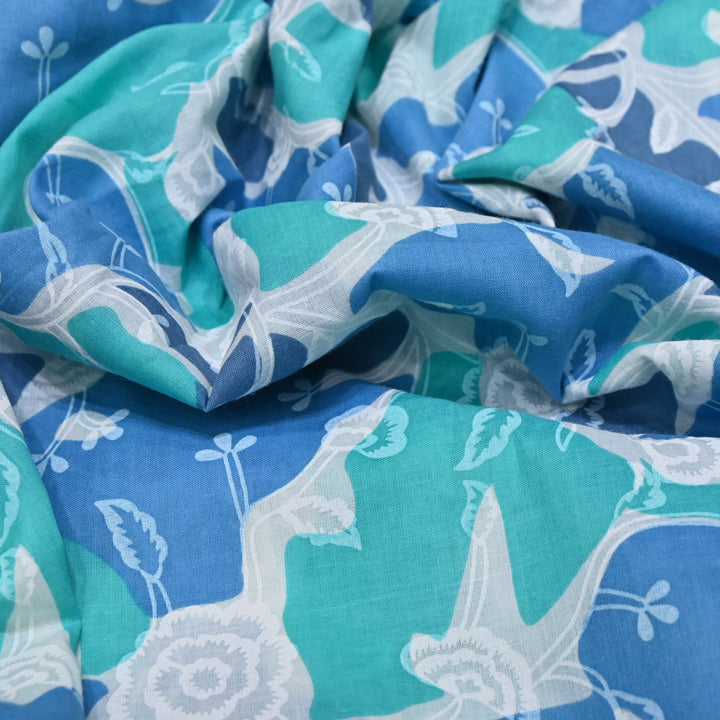 White Cotton Fabric with Blue Floral Print
