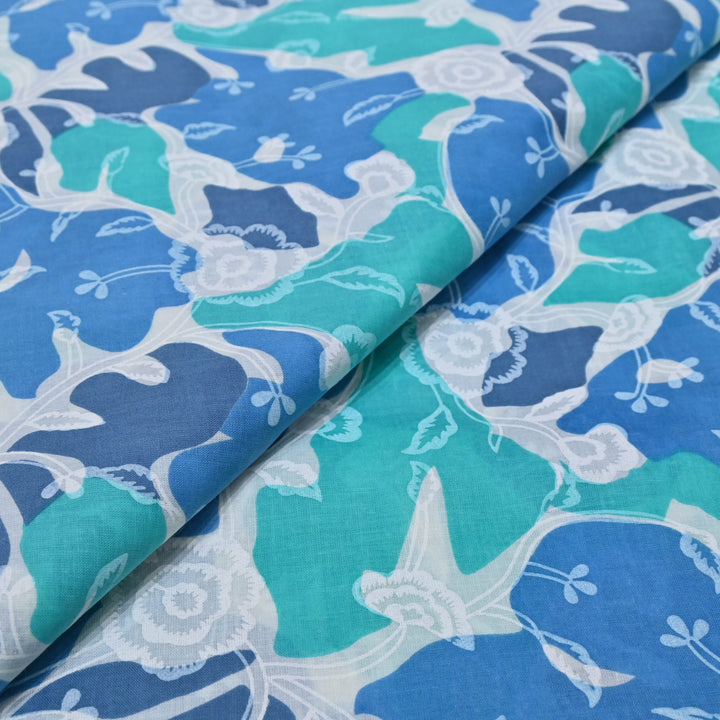 White Cotton Fabric with Blue Floral Print