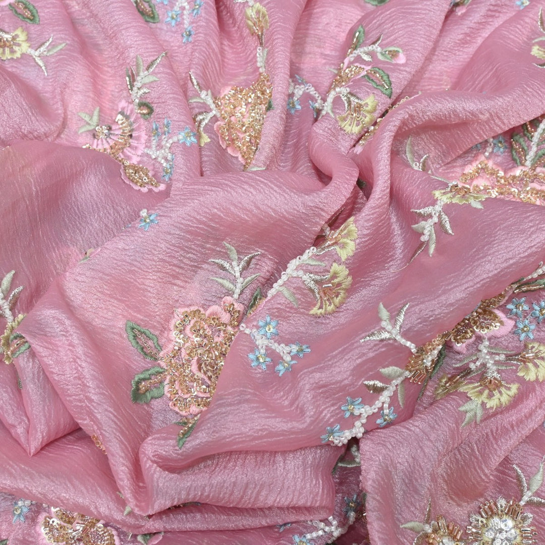 Crush Organza Zari With Moti Sequins Embroidery Fabrics