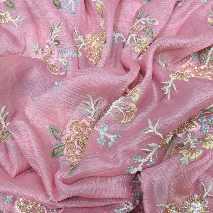 Crush Organza Zari With Moti Sequins Embroidery Fabrics