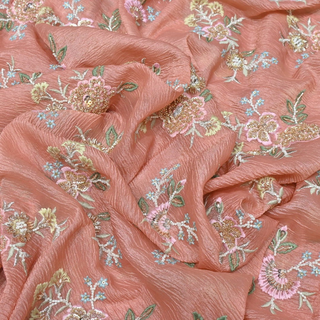 Crush Organza Zari With Moti Sequins Embroidery Fabrics