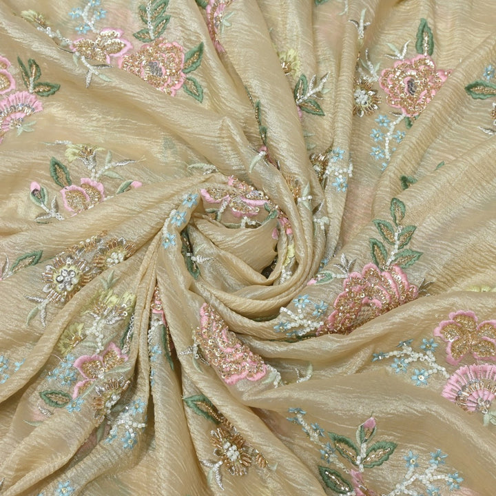 Crush Organza Zari With Moti Sequins Embroidery Fabrics