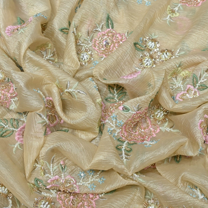 Crush Organza Zari With Moti Sequins Embroidery Fabrics