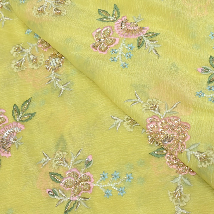 Crush Organza Zari With Moti Sequins Embroidery Fabrics