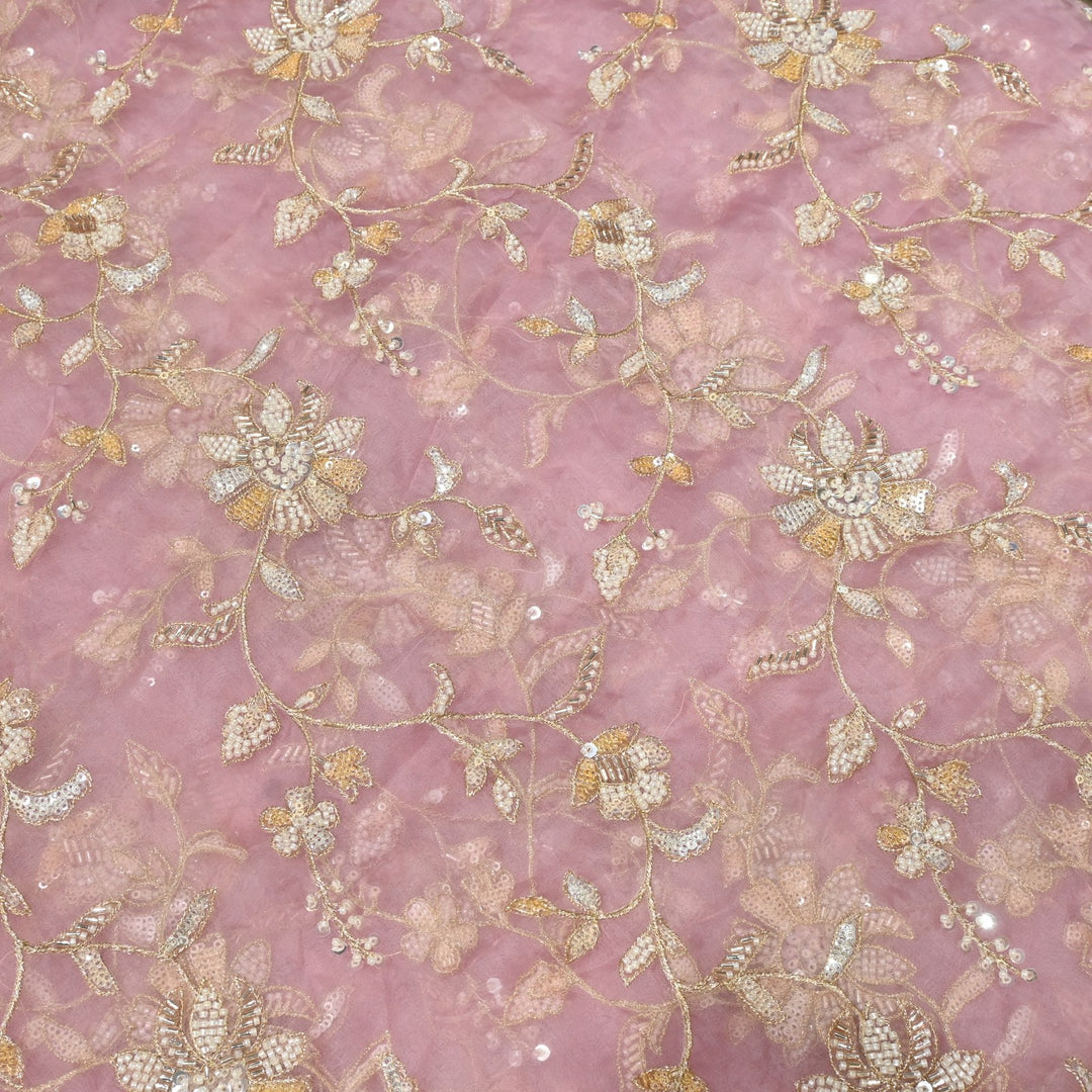 Dyed Silk Organza Zari With Moti Sequins Embroidery Fabrics