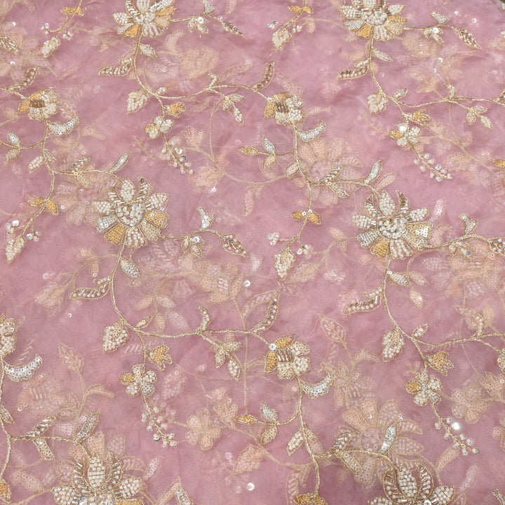 Dyed Silk Organza Zari With Moti Sequins Embroidery Fabrics