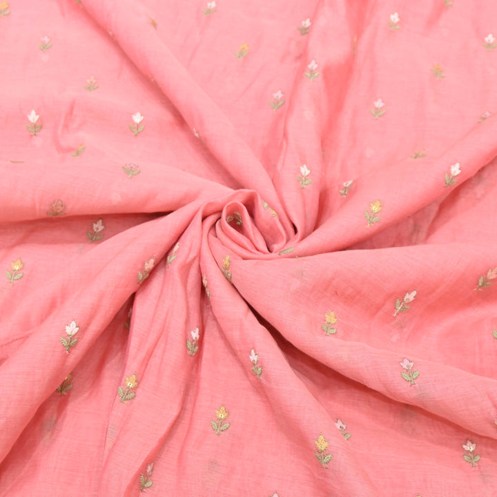Coral Pink Mul Chanderi Sequins Embroidery