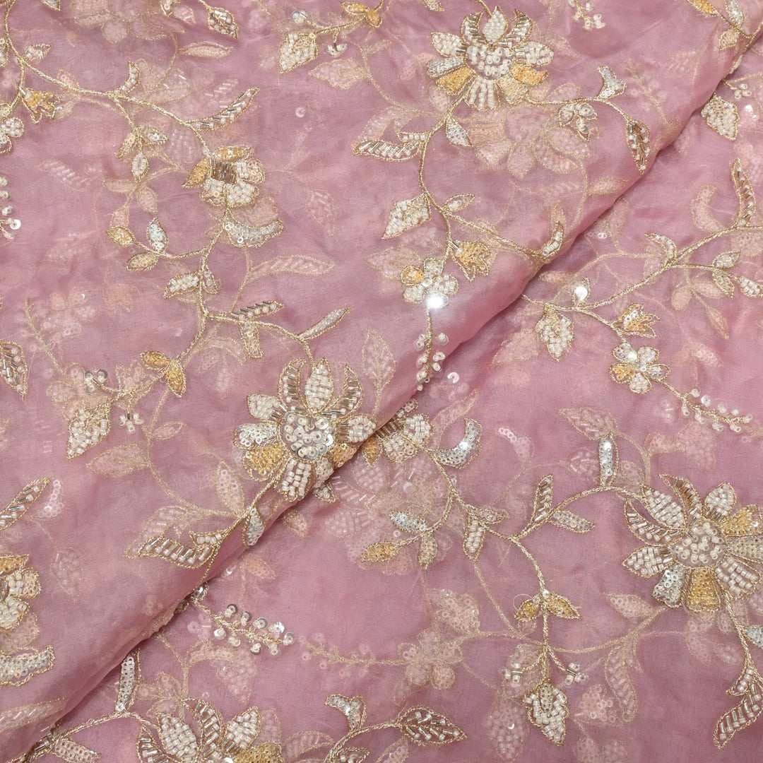 Dyed Silk Organza Zari With Moti Sequins Embroidery Fabrics