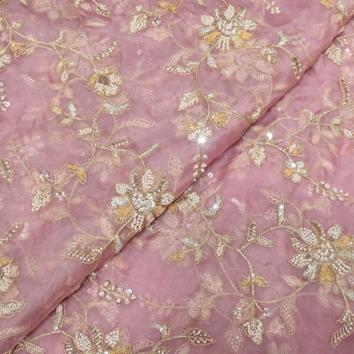 Dyed Silk Organza Zari With Moti Sequins Embroidery Fabrics