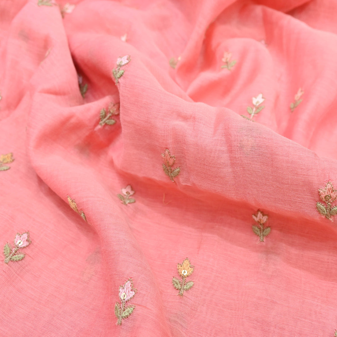 Coral Pink Mul Chanderi Sequins Embroidery