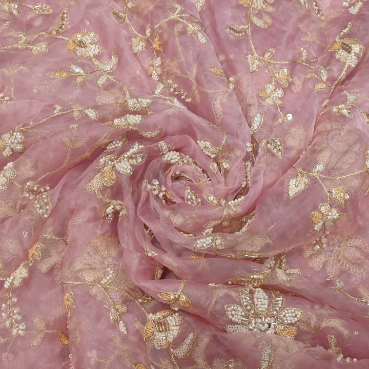 Dyed Silk Organza Zari With Moti Sequins Embroidery Fabrics