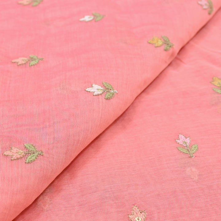 Coral Pink Mul Chanderi Sequins Embroidery
